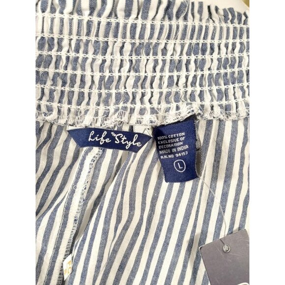 NWT Life Style Navy/White Long Sleeve Blouse Navy Trim Off Shoulder Size Large - Picture 5 of 10